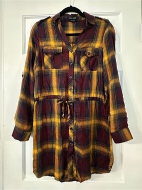 New Look Burgundy, Yellow and Navy Plaid Button-Up Shirt Dress